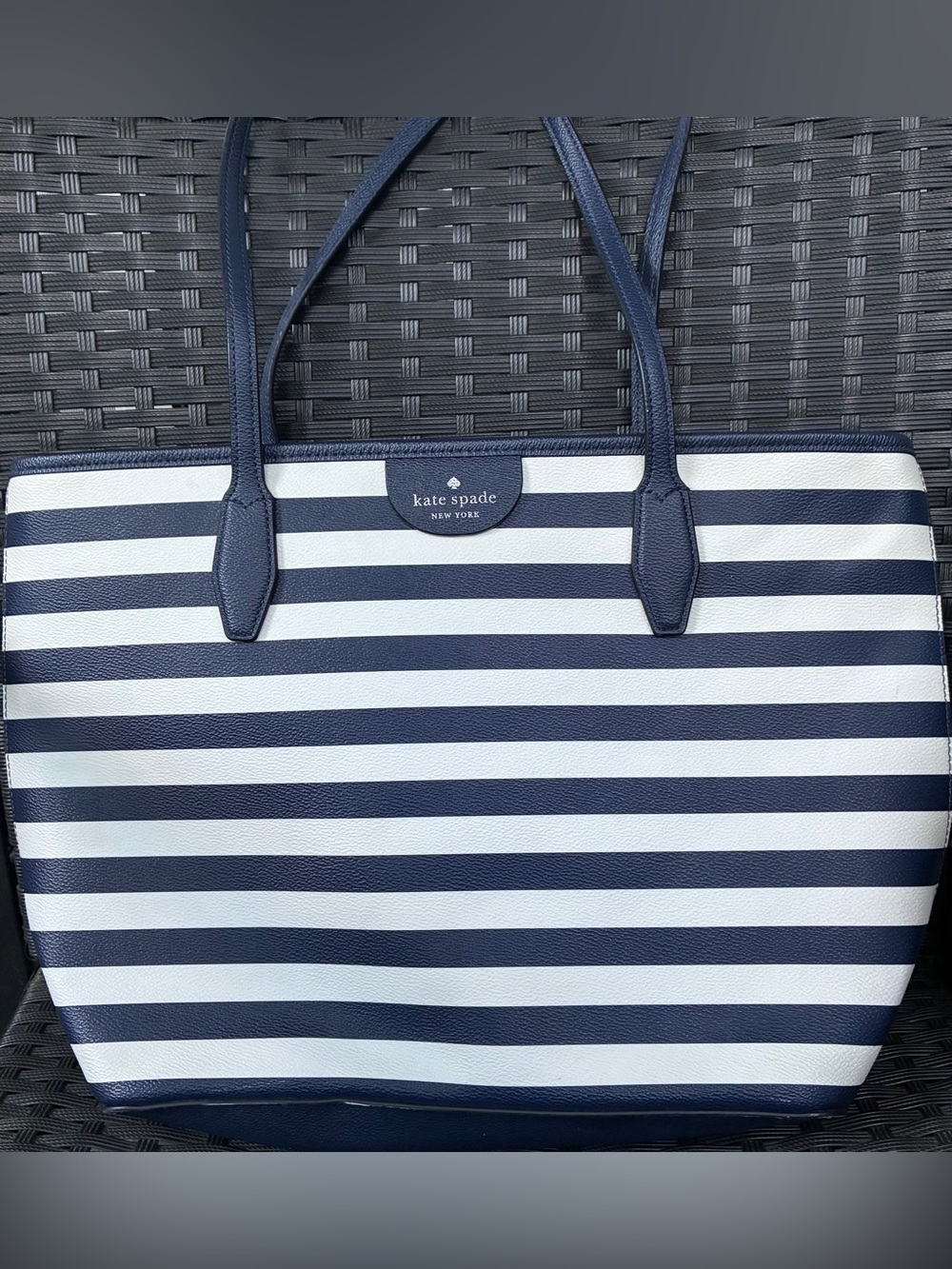 kate spade Navy and White Striped Leather-Trim Tote